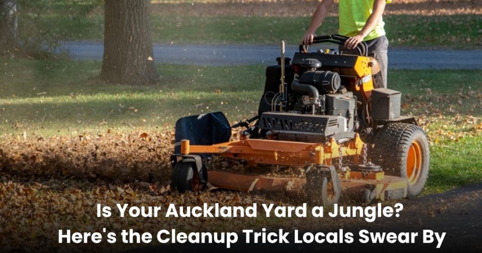 Worker using a commercial-grade mower to clear fallen leaves and debris in an Auckland yard during seasonal cleanup.