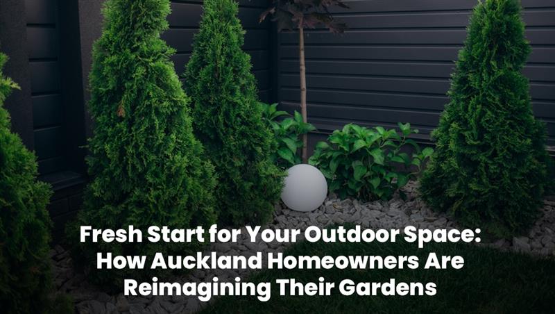 Neatly arranged evergreen trees and modern garden decor showing a garden makeover in Auckland.