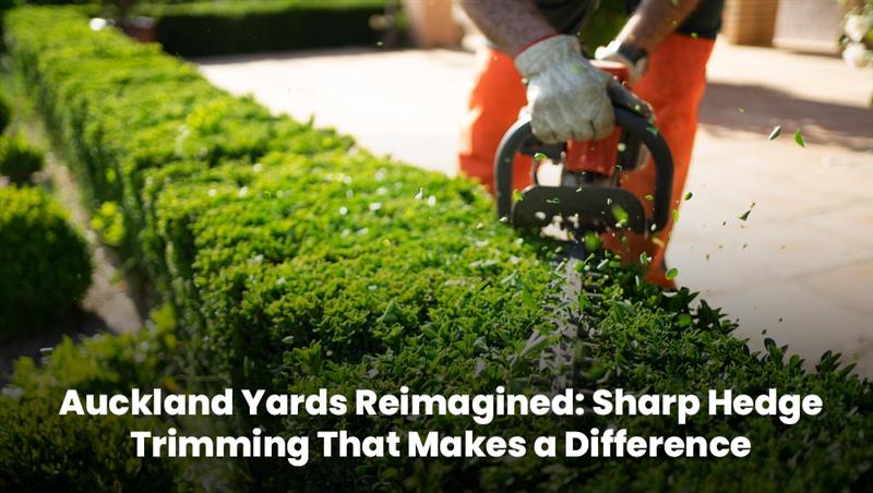 Person trimming green hedges with an electric trimmer, showing precise hedge trimming in Auckland