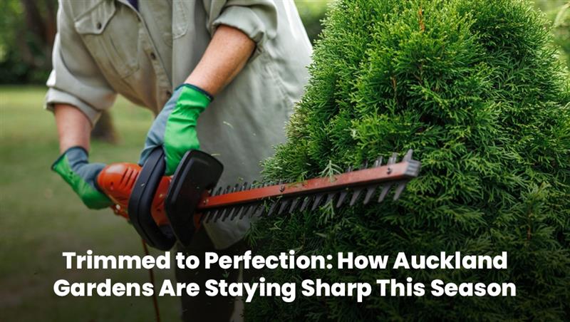 Man trimming a green hedge with electric shears in an Auckland garden during peak season.