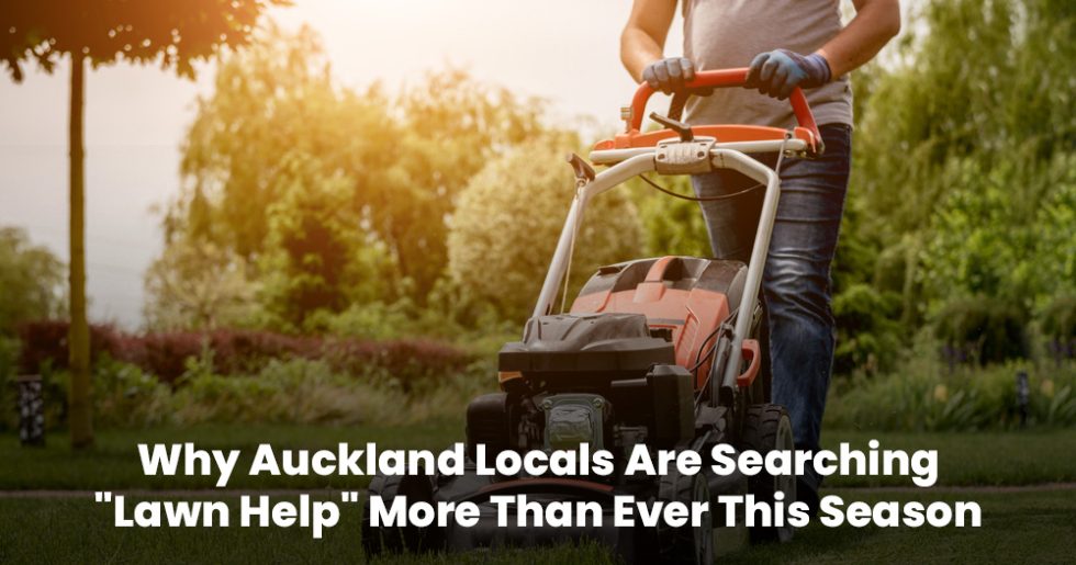 Person mowing a backyard lawn in Auckland during sunset, symbolising growing demand for lawn mowing services.