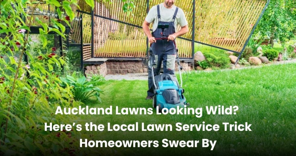 Man using a lawn mower for professional lawn service in a well-maintained Auckland garden.