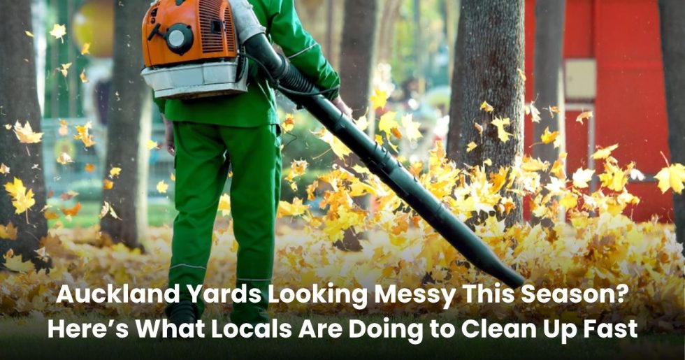 Professional providing yard cleanup services in Auckland using a leaf blower to clear autumn leaves from the lawn.