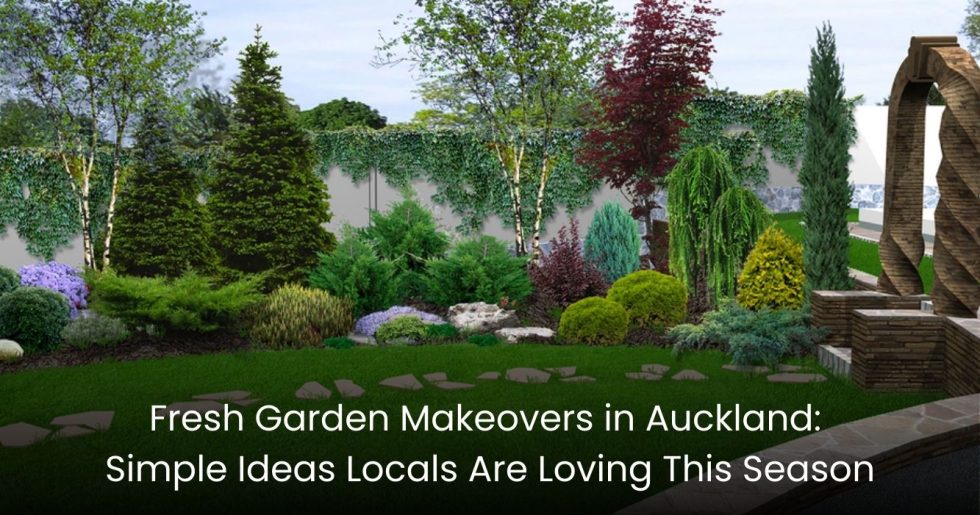 Beautiful Auckland garden makeover featuring vibrant trees, colorful plants, and landscaped stone pathways.