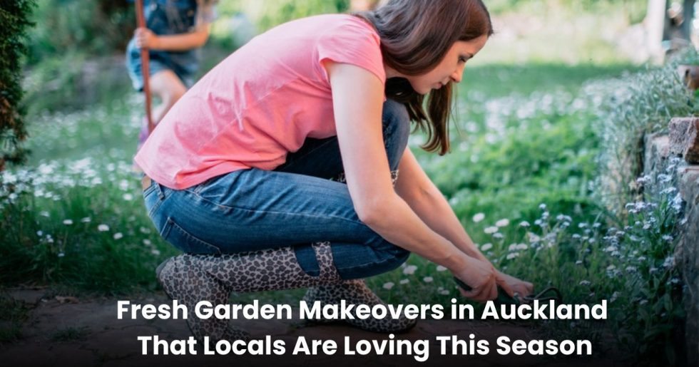 Woman wearing leopard print gardening boots working on a lush backyard during a garden makeover in Auckland.