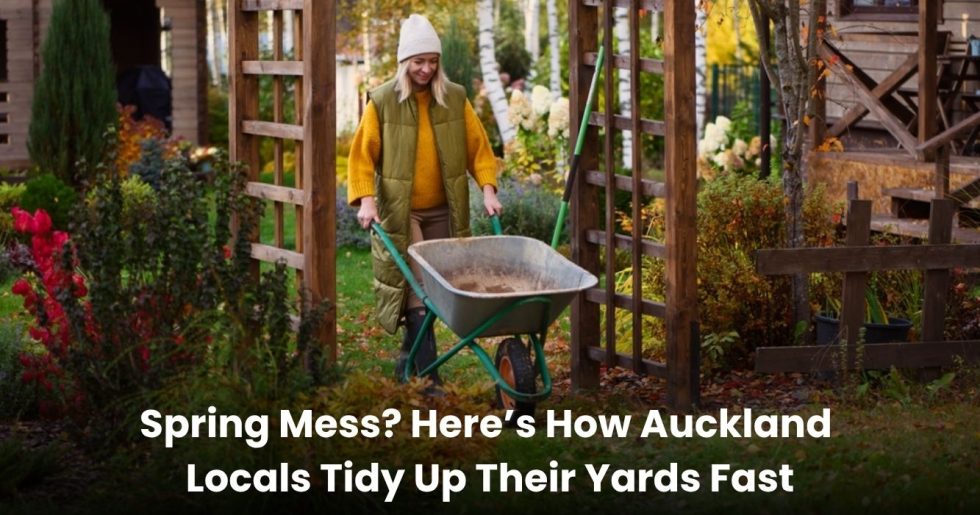 Woman performing yard cleaning in a colourful Auckland garden during spring.