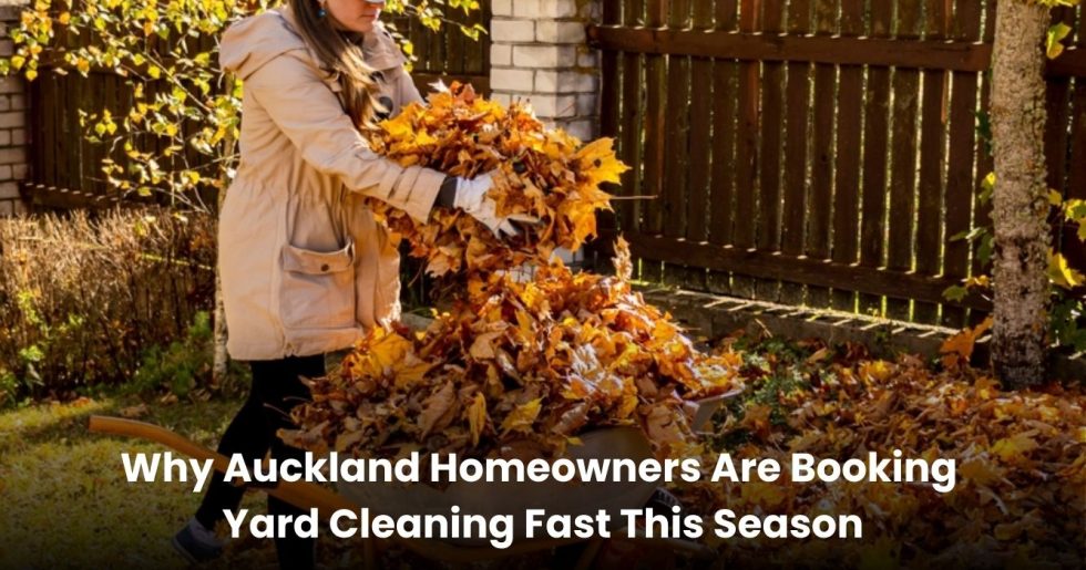 Person collecting autumn leaves into a wheelbarrow during a seasonal yard cleanup in Auckland.