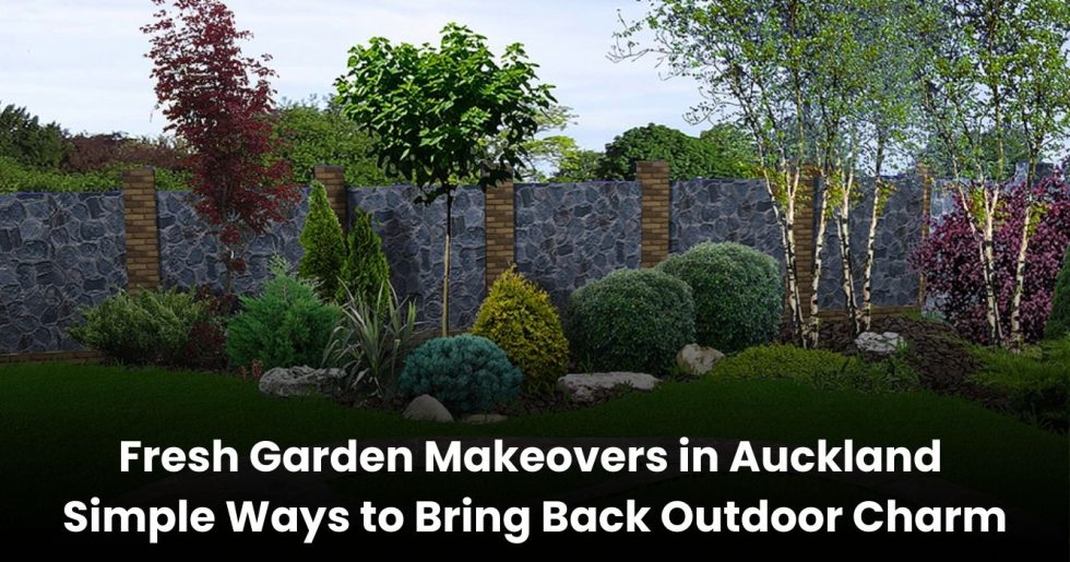Beautifully landscaped Auckland garden with trees, shrubs, and decorative stone wall after a garden makeover.