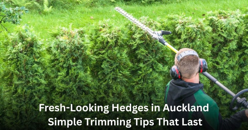 Gardener trimming tall green hedges with electric trimmer in Auckland, showing expert hedge maintenance.