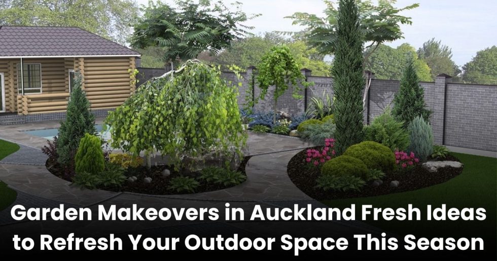 Modern landscaped garden makeover in Auckland with trees, shrubs, flowers, and stone pathways.