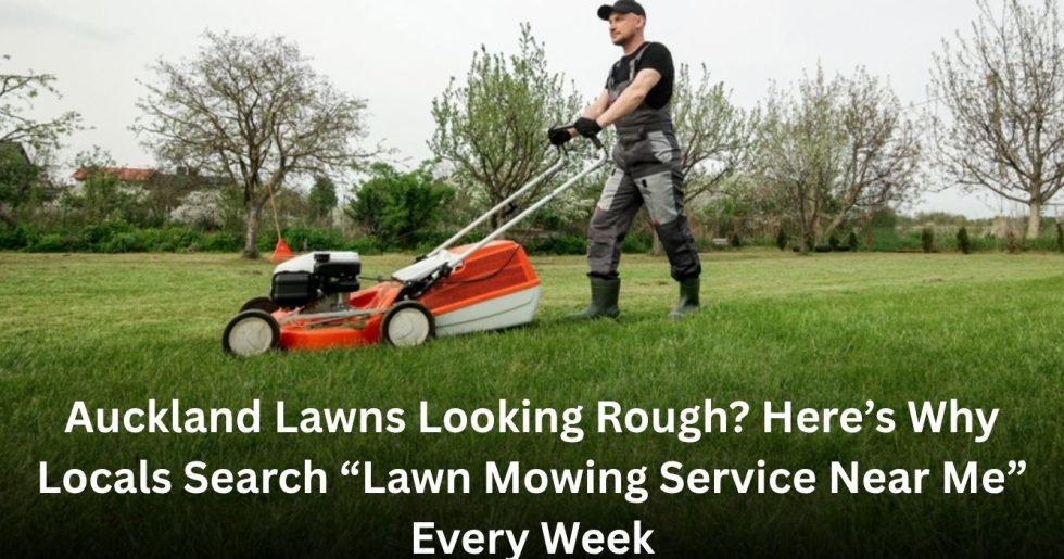 Professional lawn care specialist mowing a residential yard in Auckland, providing local lawn mowing service near me.