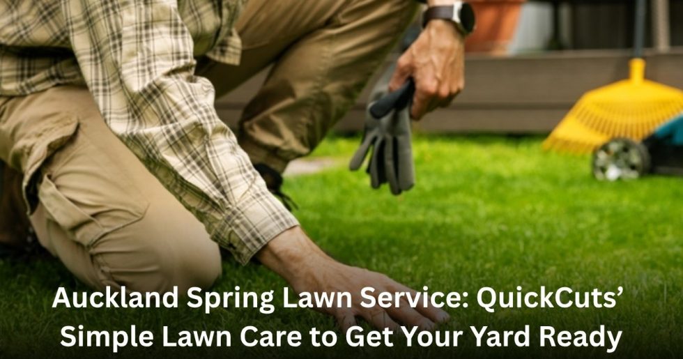 Auckland spring lawn service by QuickCuts showing a gardener preparing a lush green lawn for the season.