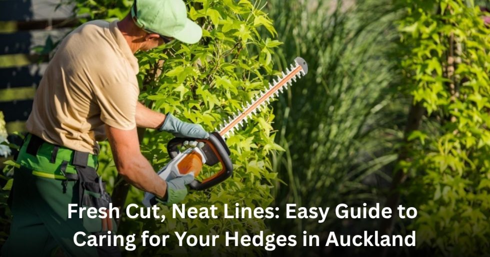 Professional gardener trimming green hedges with an electric trimmer in Auckland during summer.
