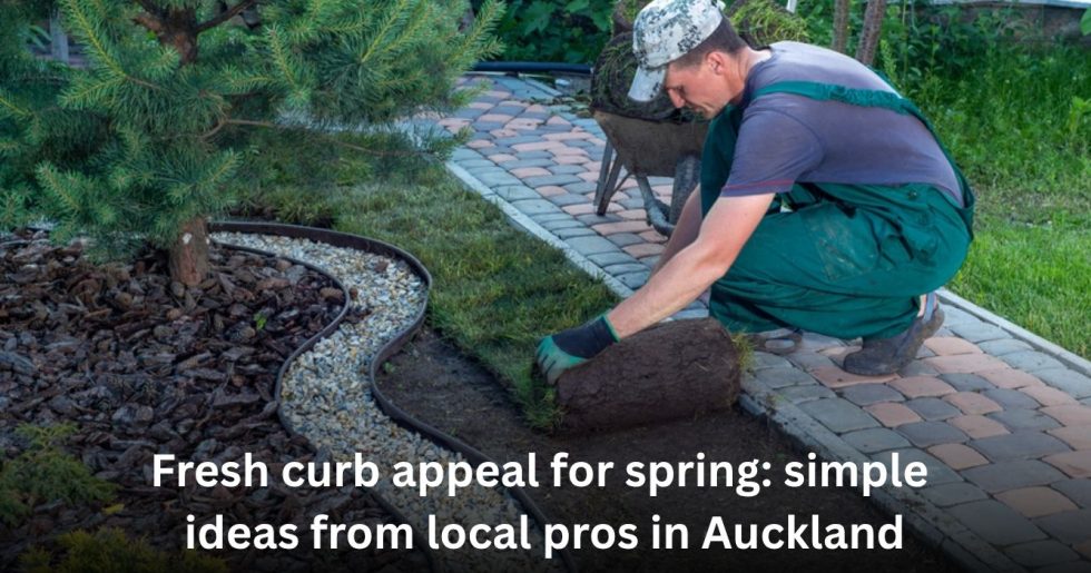 Landscaper laying new sod and designing a garden edge with stones and mulch to boost curb appeal in Auckland.