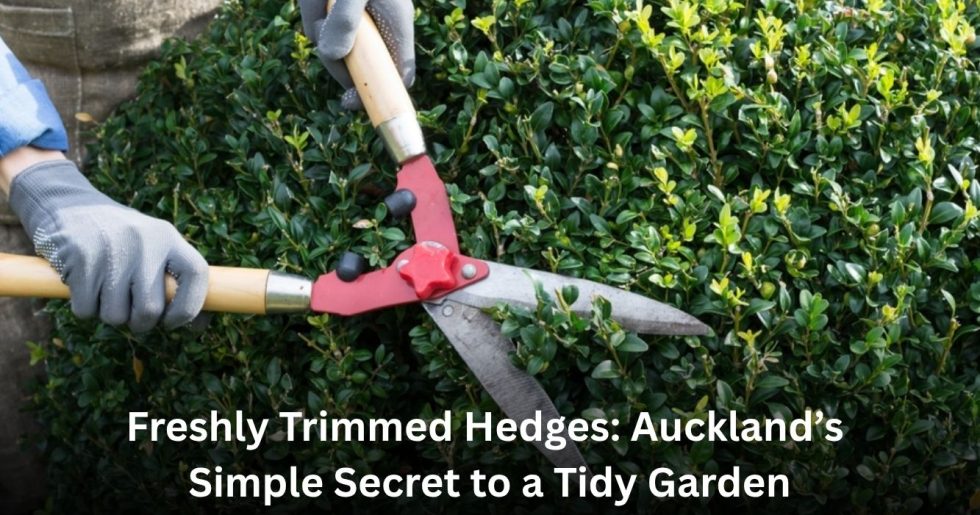 Gardener trimming vibrant green hedge with garden shears for a neat and tidy Auckland garden.