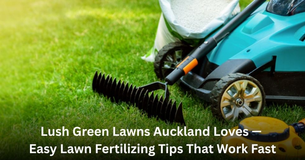 Lawn mower and fertilizer bag on a bright green Auckland lawn during lawn fertilizing service for healthy grass growth.