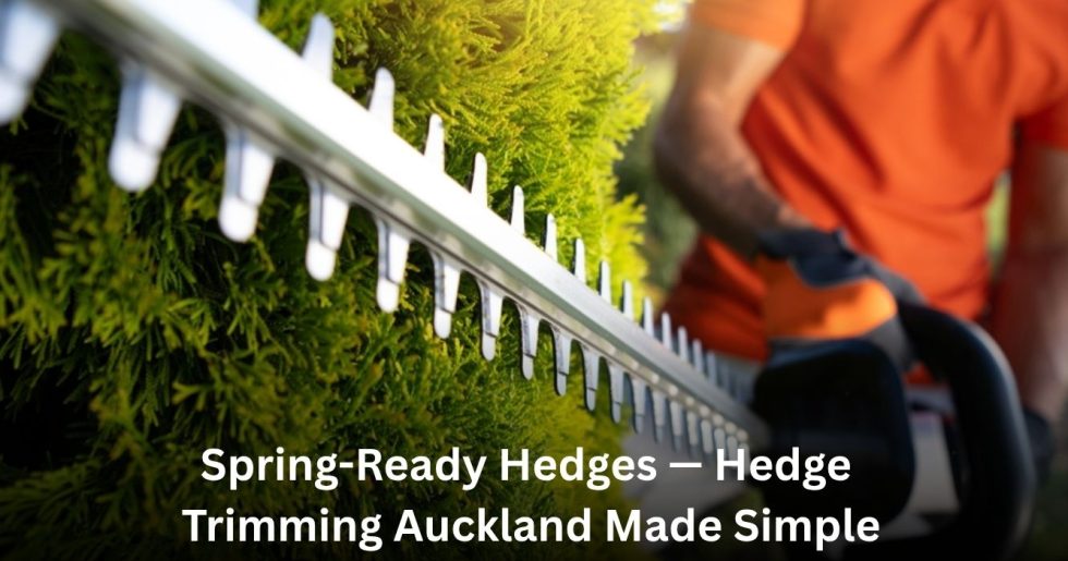 "Professional hedge trimming in Auckland with an electric trimmer shaping green hedges for a neat garden appearance.