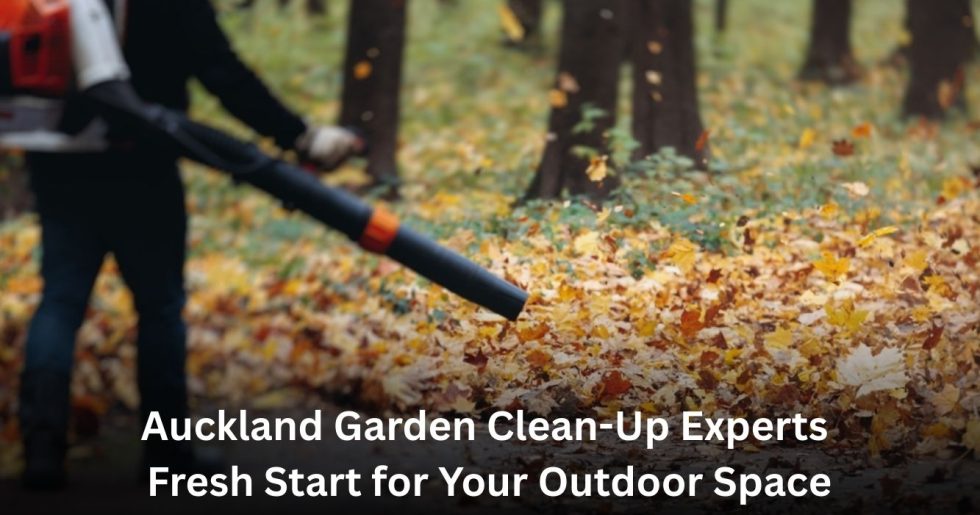 Professional using a leaf blower for garden clean-up service in Auckland