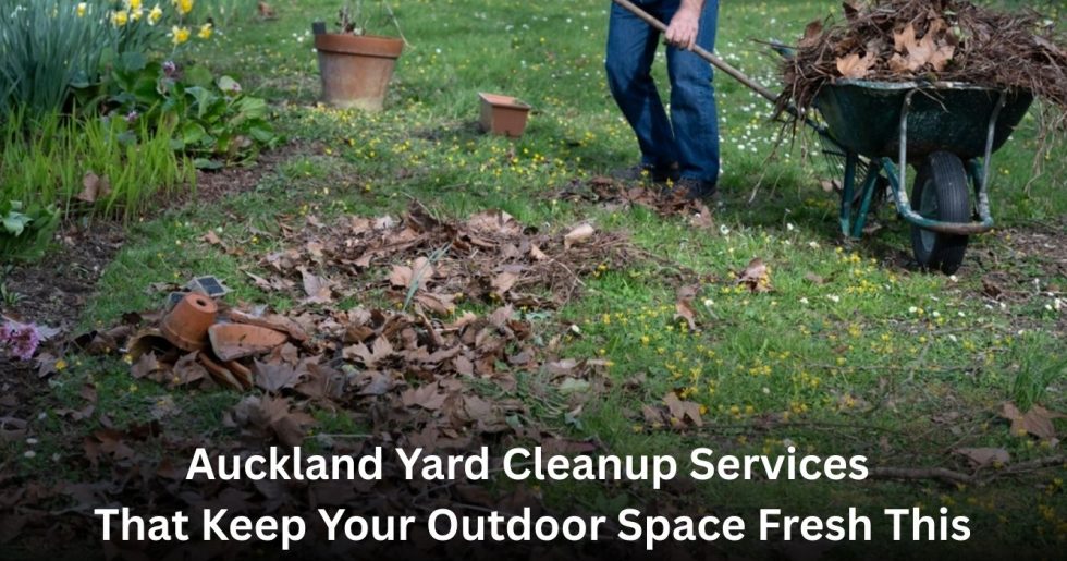 Professional yard cleanup service clearing leaves and garden waste at an Auckland home