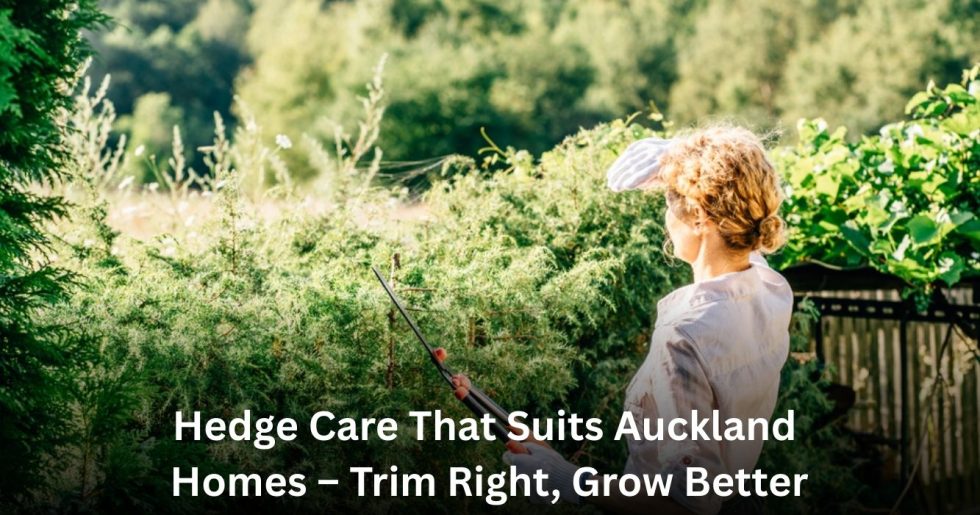 Homeowner trimming a residential hedge as part of hedge care service in Auckland