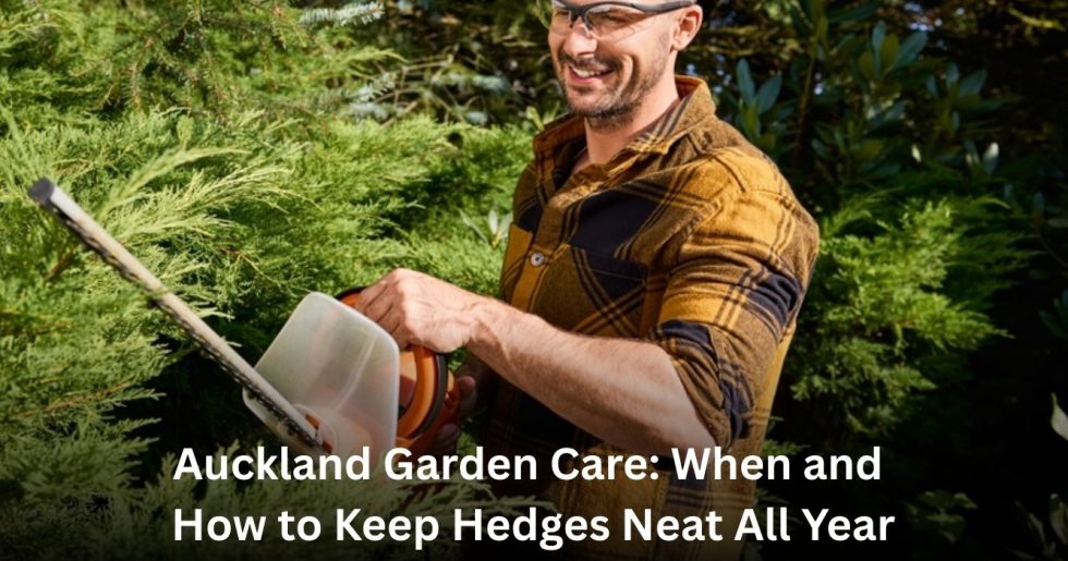 Gardener trimming hedges during routine garden care service in Auckland