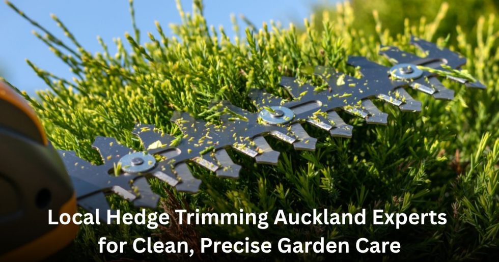 close-up of hedge trimmer cutting green hedge for precise hedge trimming in Auckland