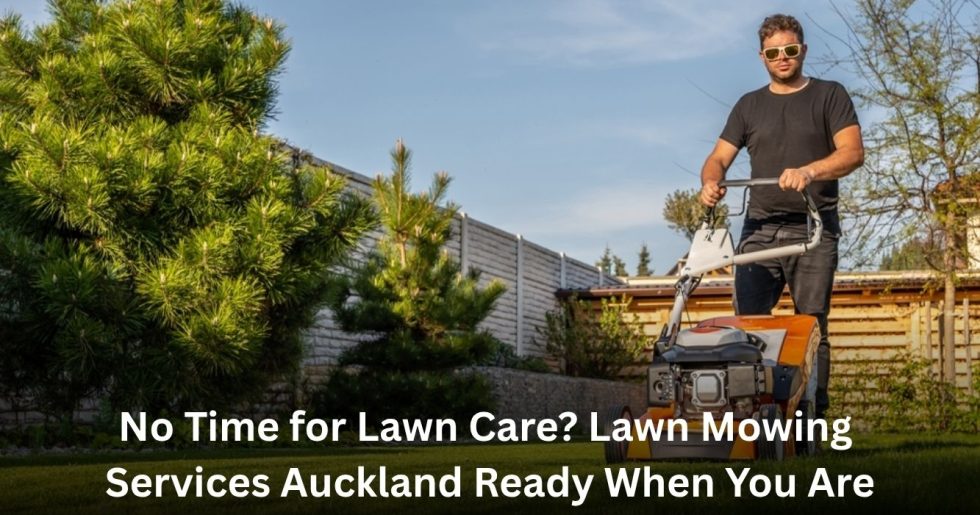 man using lawn mower in backyard representing lawn mowing services in Auckland