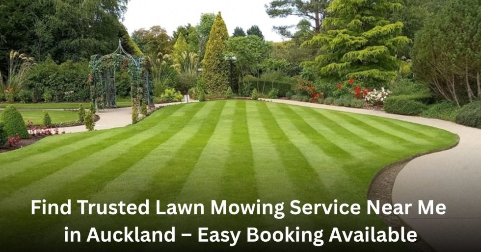 well-maintained striped lawn in garden showing professional lawn mowing service near me in Auckland