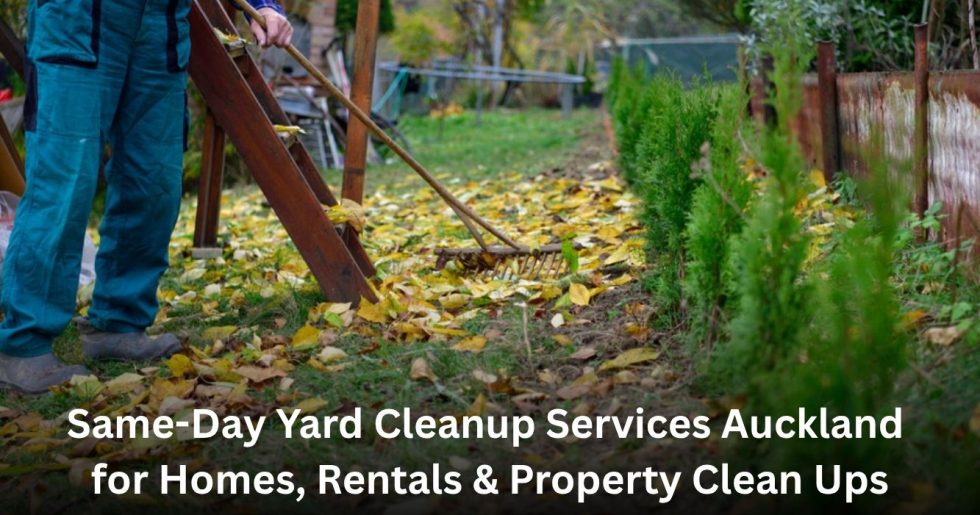 gardener raking fallen leaves in backyard for same day yard cleanup services in Auckland