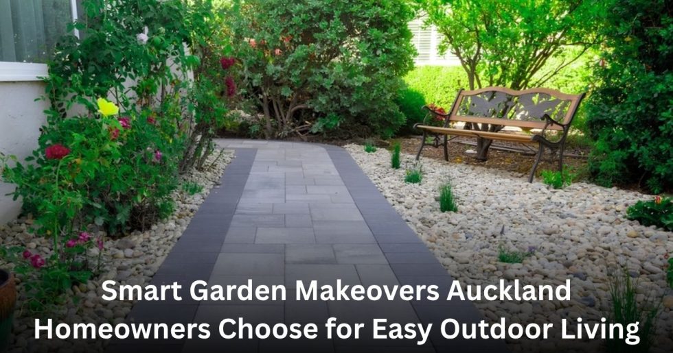 modern garden makeover with pathway and outdoor seating area in Auckland
