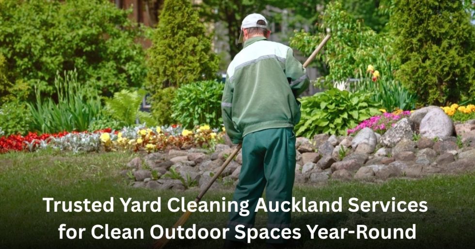 professional yard cleaning service maintaining a landscaped garden in Auckland