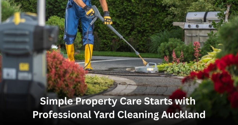 professional yard cleaning service pressure washing and tidying a landscaped Auckland property