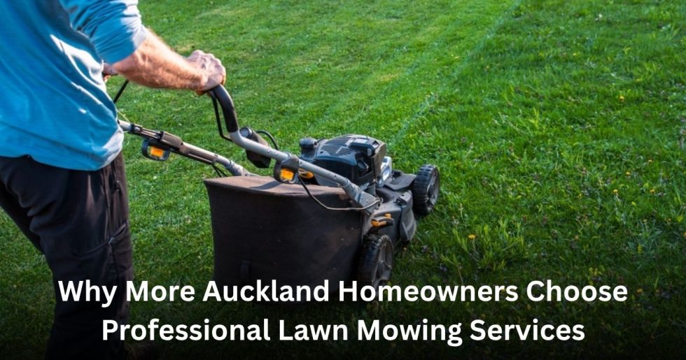 professional lawn mowing service maintaining a residential lawn in Auckland