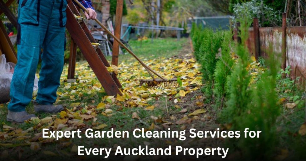 Professional garden cleaning services in Auckland removing leaves and garden waste from a residential property.
