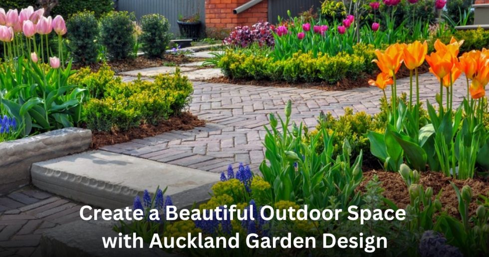 Beautiful residential garden with colourful flowers and pathways created through Auckland garden design.