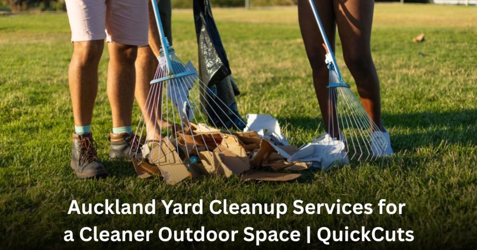 Auckland yard cleanup services collecting rubbish and garden waste from a grassy outdoor area.
