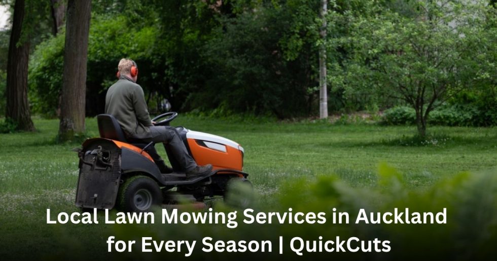 Local lawn mowing services in Auckland using a ride-on mower to maintain a large green lawn.